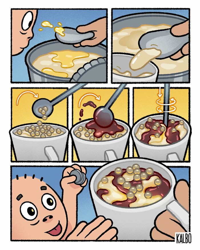 Comic strip by Tarantadong Kalbo showing a humorous step-by-step process of preparing a nostalgic dessert drink.