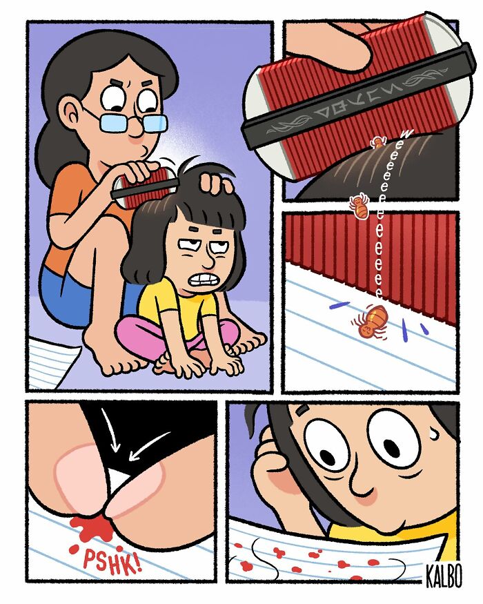 Comic by Tarantadong Kalbo showing a humorous moment with lice removal that captures life and nostalgia.