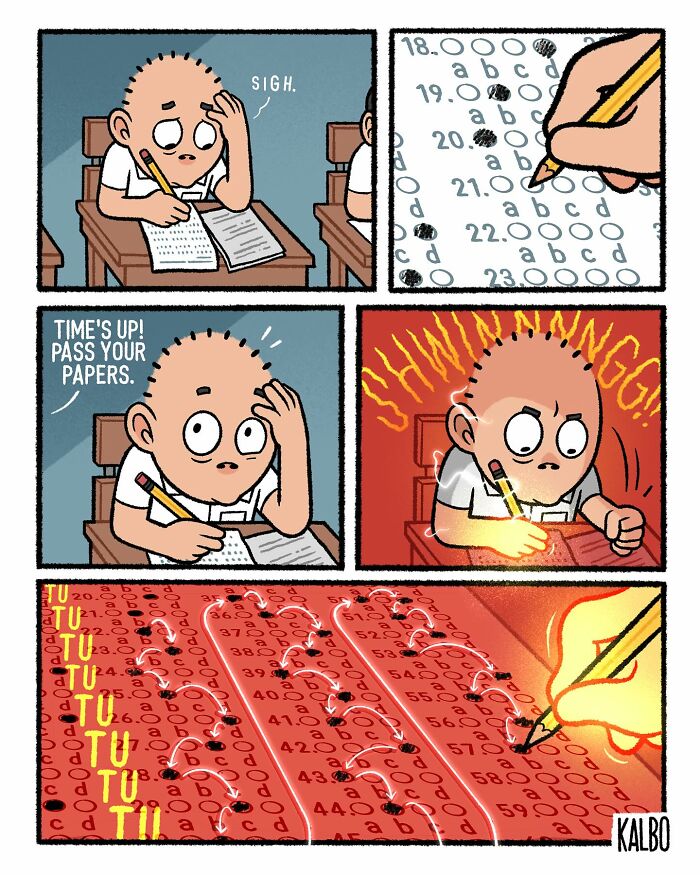 Comic panels by Tarantadong Kalbo showing a student taking a test with humor and nostalgic emotions.