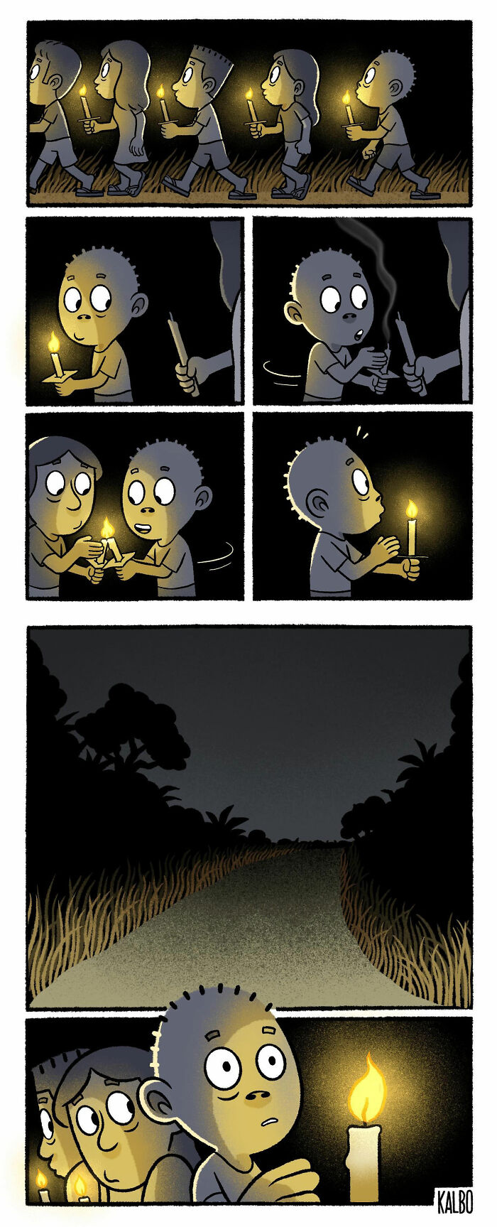 Comic panels by Tarantadong Kalbo showing children lighting candles and walking in the dark, capturing humor and life moments.