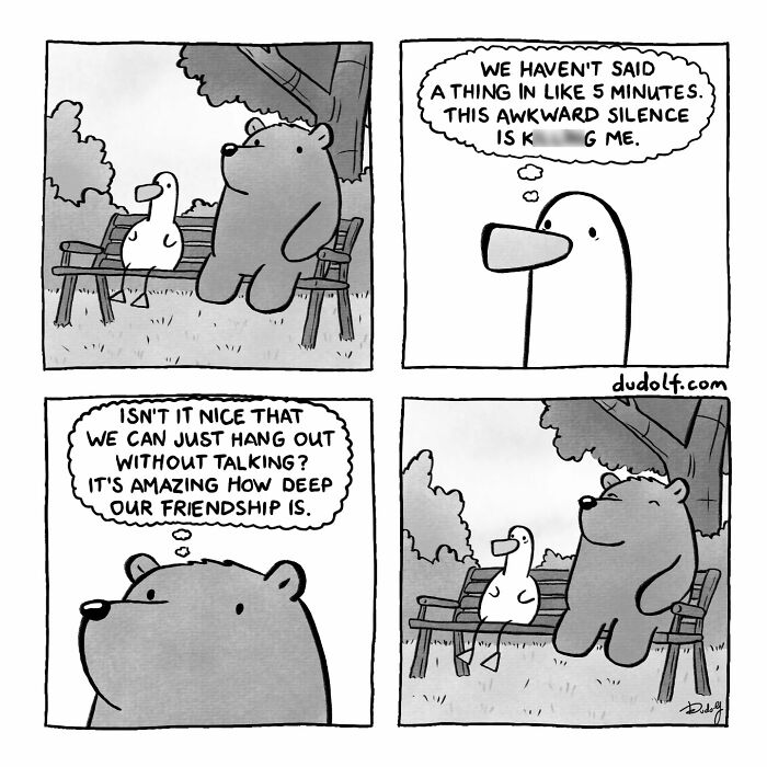 Comic by Dudolf showing a bear and a duck on a bench highlighting humor and deep friendship in silent moments.