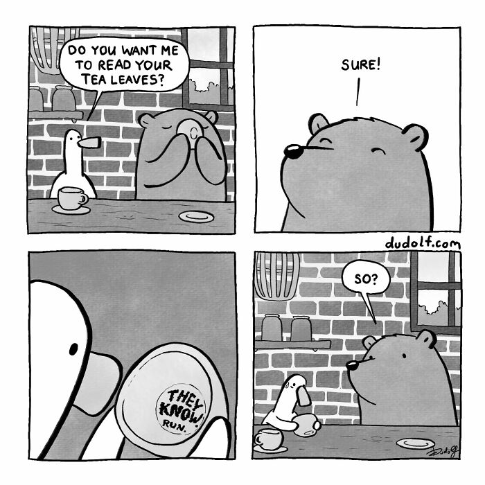 Bear and duck in a humorous comic by Dudolf with a tea leaf reading joke in a cozy cafe setting.
