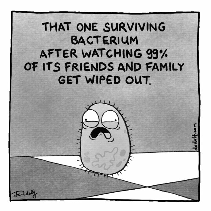 Surviving bacterium cartoon looking shocked and scared in a humorous Dudolf comic about bacteria wiping out friends.