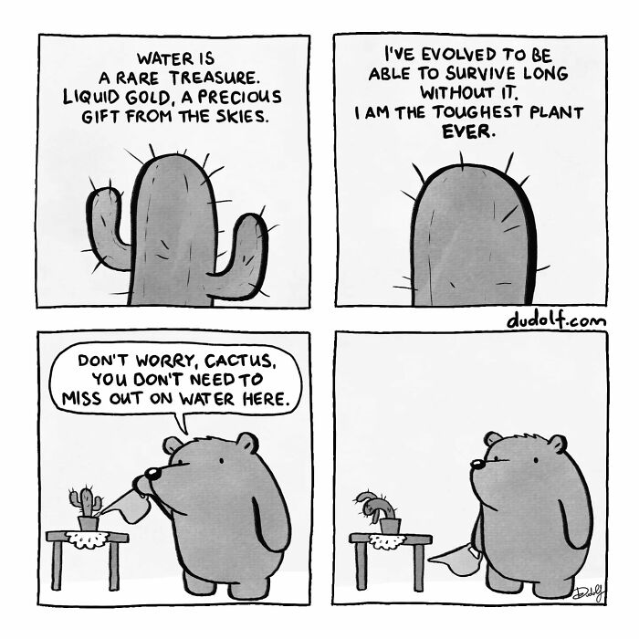 Black and white humorous comic by Dudolf featuring a cactus and bear, highlighting survival and water scarcity in a funny way.