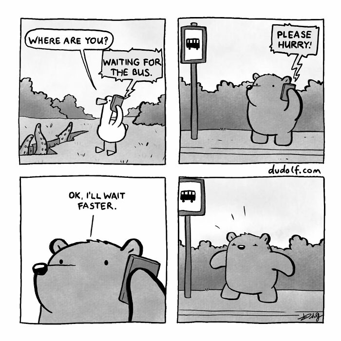 Adorably humorous comics by Dudolf featuring a bear and a hand waiting impatiently for the bus at a bus stop.