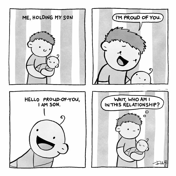 Black and white Dudolf comic showing a father and son humorously questioning their relationship roles.