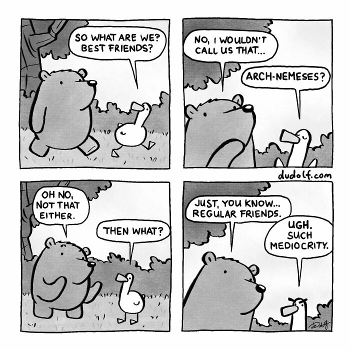 Humorous Dudolf comic featuring a bear and bird discussing their friendship in a lighthearted, playful style.