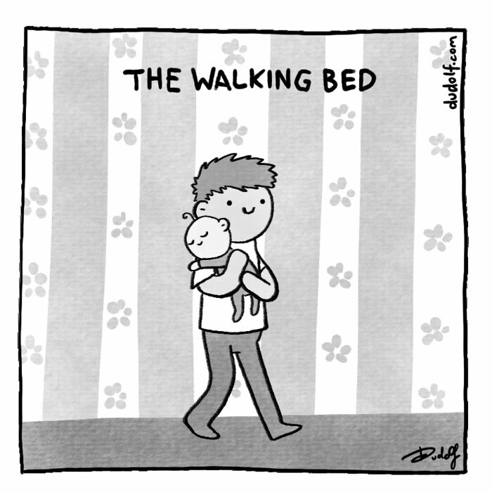 Adorably humorous comic by Dudolf showing a person walking while holding a sleeping baby titled the walking bed.