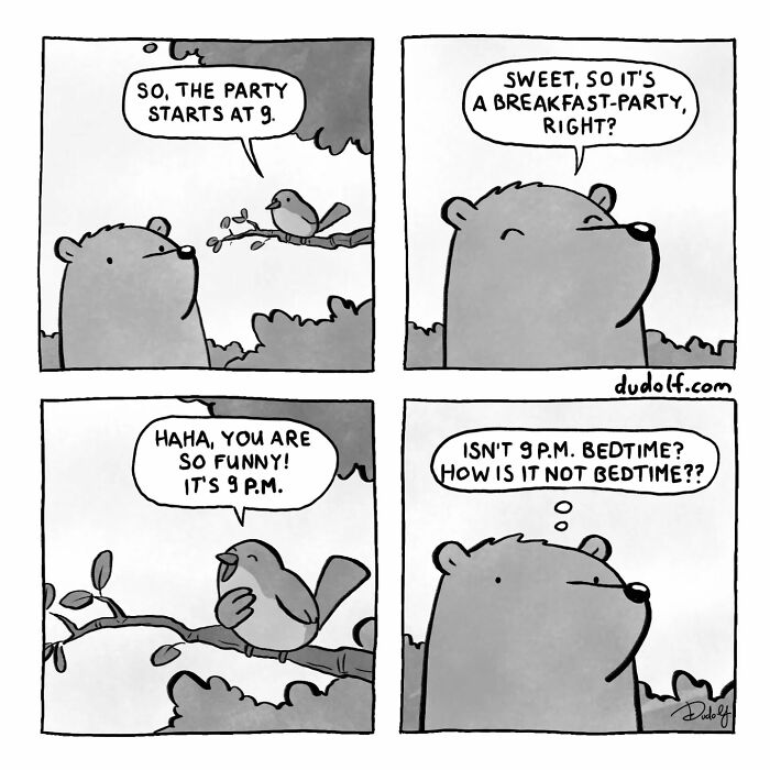 Comic strip by Dudolf featuring a bear and bird humorously discussing a 9 p.m. party and bedtime confusion.