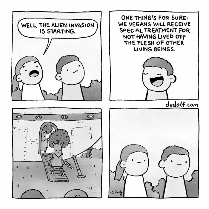 Two characters discuss an alien invasion with a humorous vegan twist in a black-and-white Dudolf comic panel.