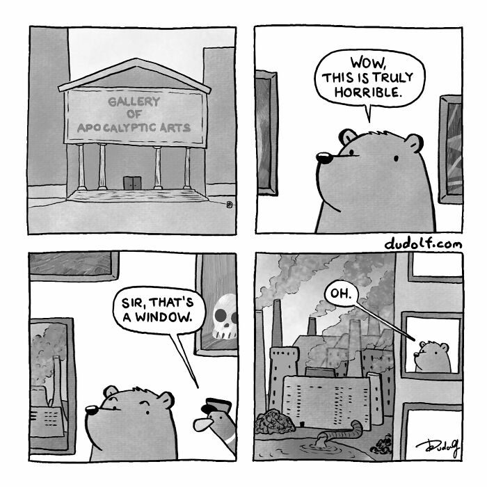 Bear comic at Gallery of Apocalyptic Arts, humorously mistaking a window for a dreadful painting in Dudolf comics.