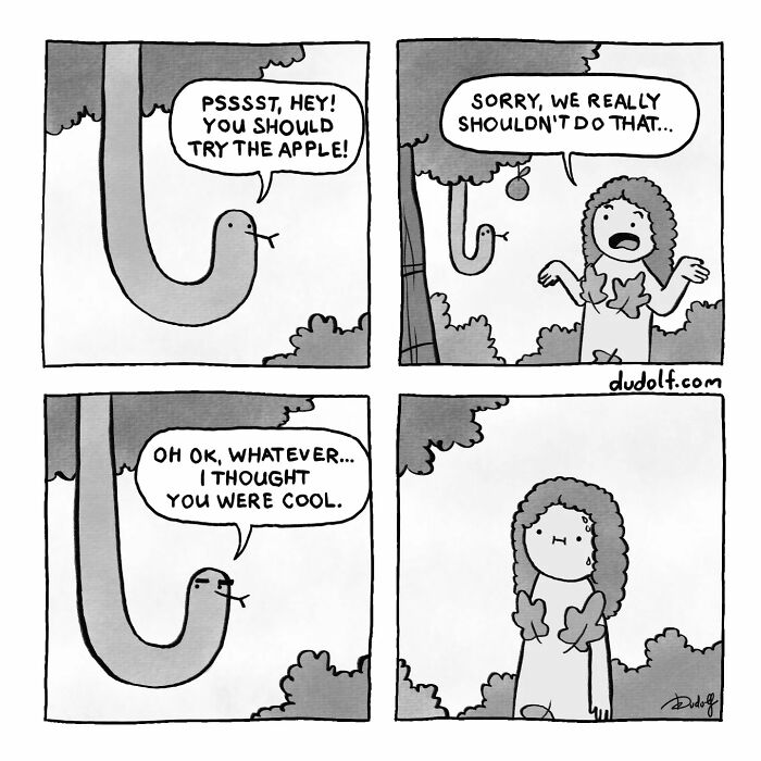 Humorous comic by Dudolf featuring a talking snake and a worried girl in a playful forest scene.