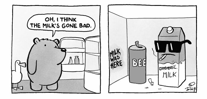 Bear looking at fridge saying milk's gone bad, next panel shows milk carton with sunglasses and a cigarette, humorous comic by Dudolf.