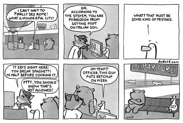 Black and white Dudolf comic strip with animals humorously discussing food rules at an airport departure area.