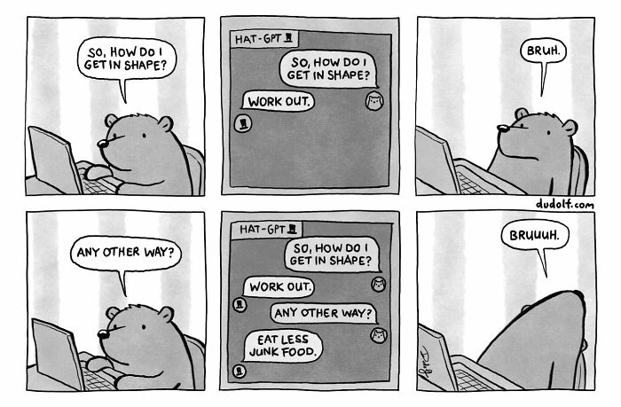 Bear using chatbot to ask how to get in shape, receiving simple fitness advice in a humorous Dudolf comic.