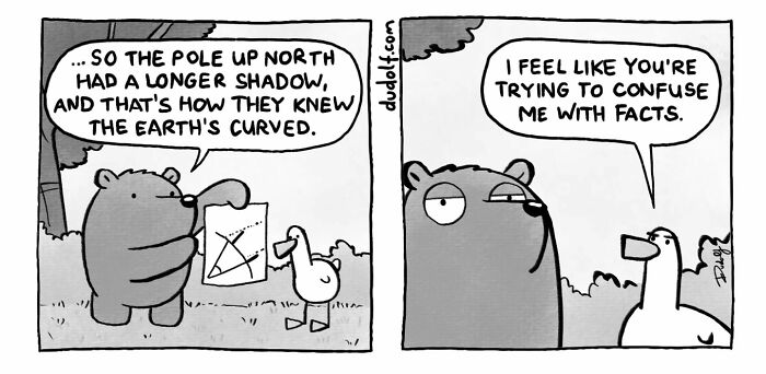 Bear and bird in a humorous Dudolf comic discussing Earth's curve with a funny twist in an outdoor setting.