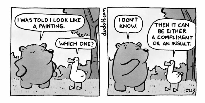 Bear and duck comic from Dudolf showing humorous dialogue about looking like a painting in a nature setting.