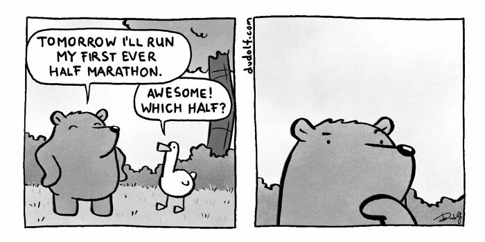 Bear and duck comic strip with humorous dialogue about running a first half marathon in a Dudolf style illustration.