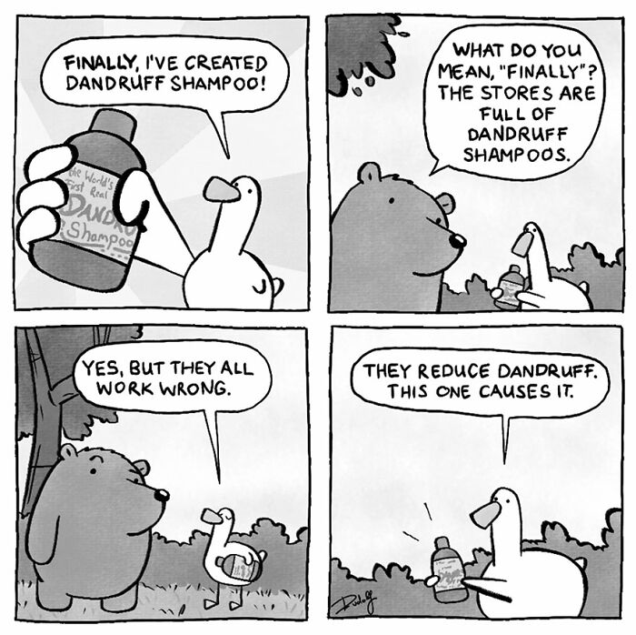 Comic strip by Dudolf featuring a duck and bear discussing a humorous dandruff shampoo that causes dandruff instead of reducing it.