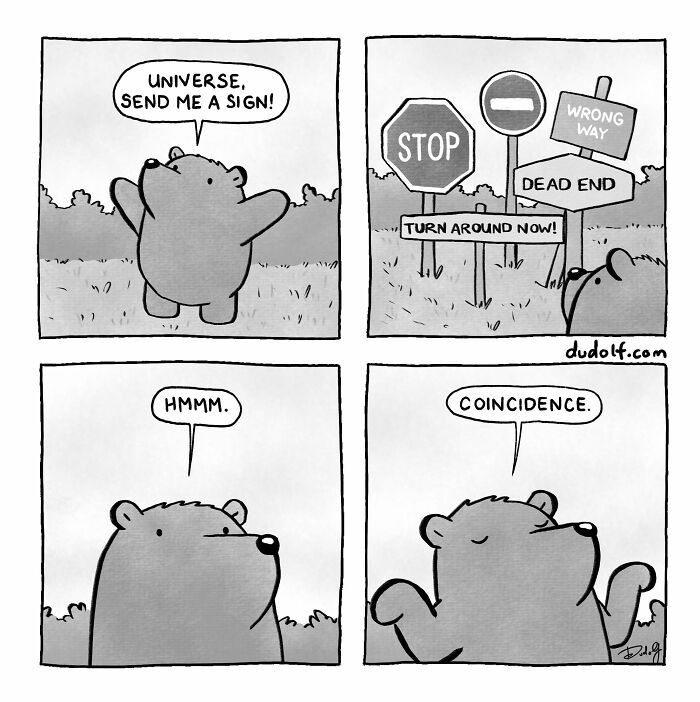 Comic by Dudolf showing a bear asking the universe for a sign and seeing multiple confusing road signs.