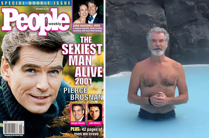 People's Sexiest Man Alive winners featuring Pierce Brosnan on cover and a shirtless man standing in water by rocks.