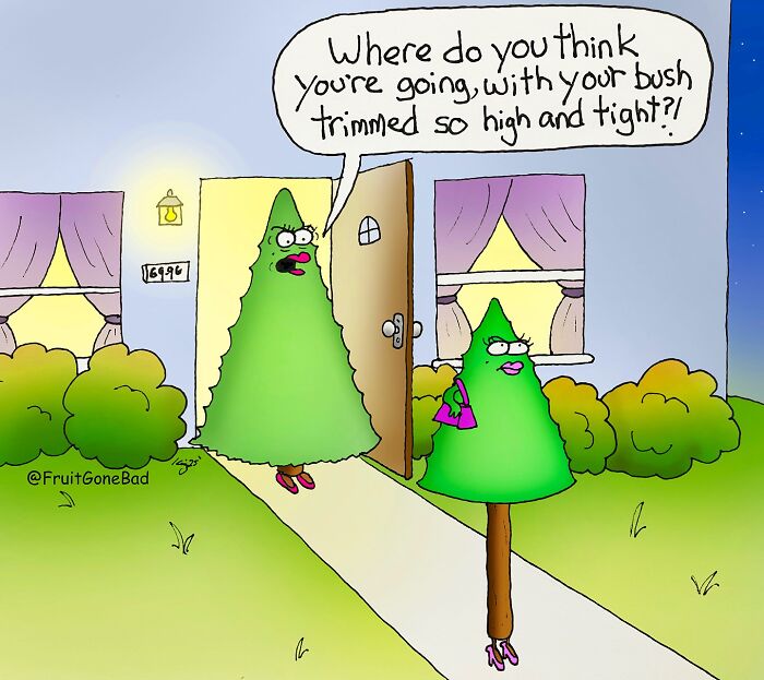Cartoon trees with human features joking about trimmed bushes in a funny comic from Fruit Gone Bad series.