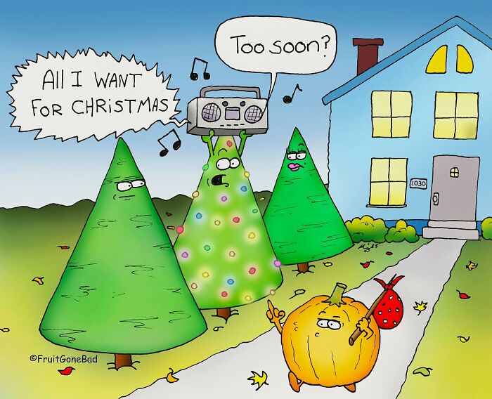 Funny comic with animated trees and a pumpkin, bringing produce and objects to life in a humorous scene.