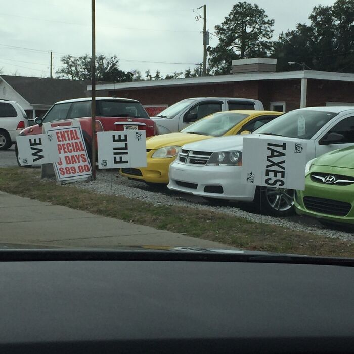 Signs placed in front of parked cars reading we file taxes, showing a funny example of people not even trying at work.
