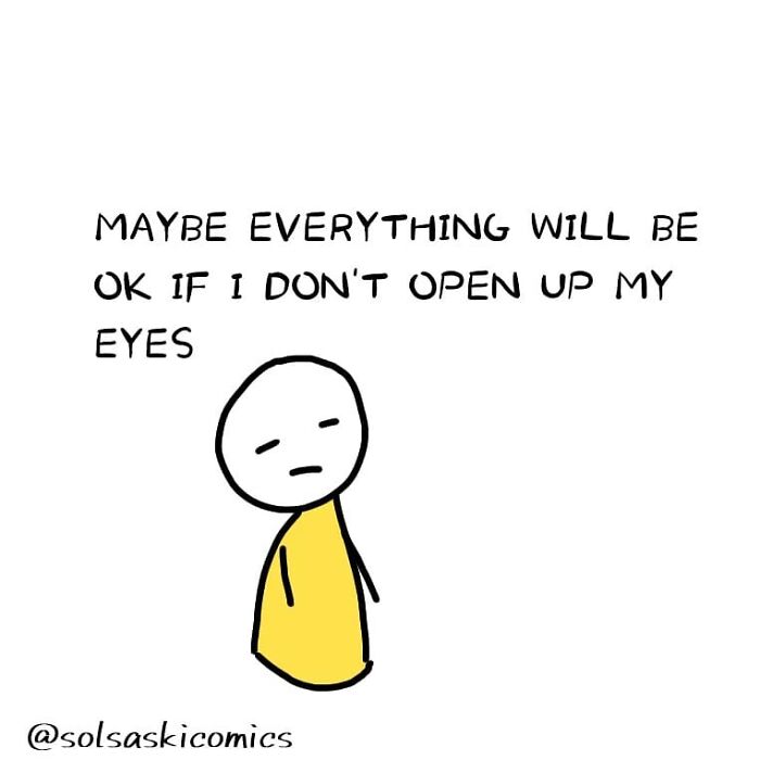 Simple comic drawing of a figure in yellow with text about not opening eyes, illustrating clever hilarious comics perspective.