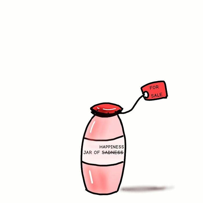 Jar labeled happiness for sale in a cleverly hilarious comic offering a unique perspective on everyday experiences.