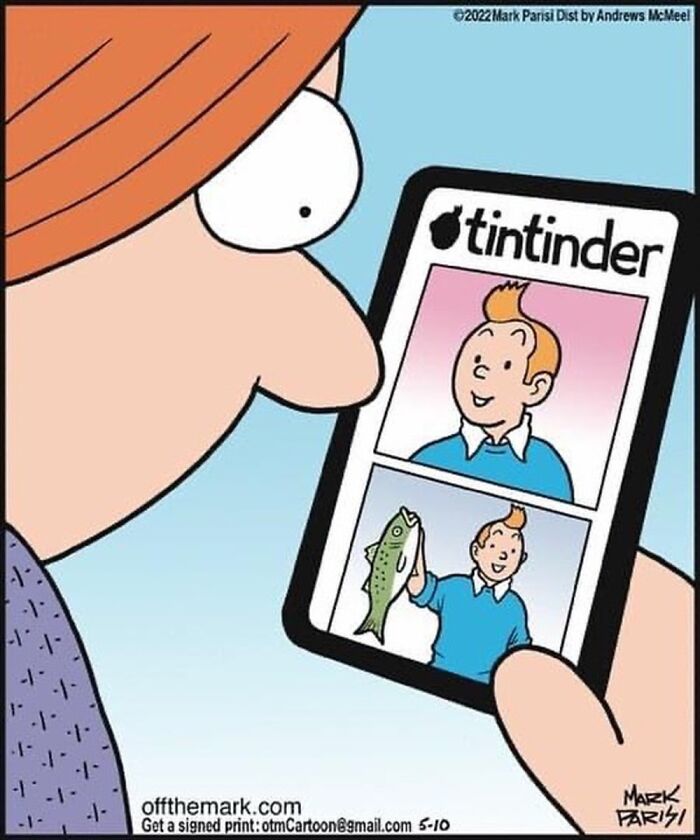 Person using a smartphone showing a clever one-panel comic featuring iconic characters on a fictional dating app called tintinder.