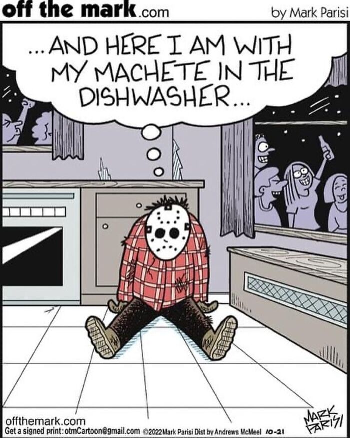 Masked character sitting on the floor in kitchen with thought bubble about machete in dishwasher in Mark Parisi one-panel comic.