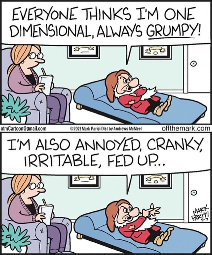 One-panel comic by Mark Parisi shows a grumpy character on a therapist couch expressing annoyance and irritability.