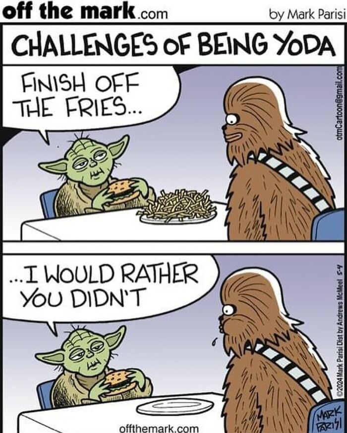 One-panel comic by Mark Parisi showing Yoda struggling to finish fries while Chewbacca watches.