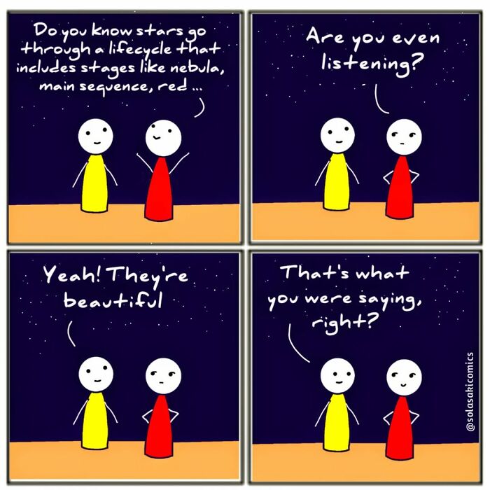 Two characters in a comic exchange humorous dialogue offering a unique perspective on everyday experiences under a starry sky.