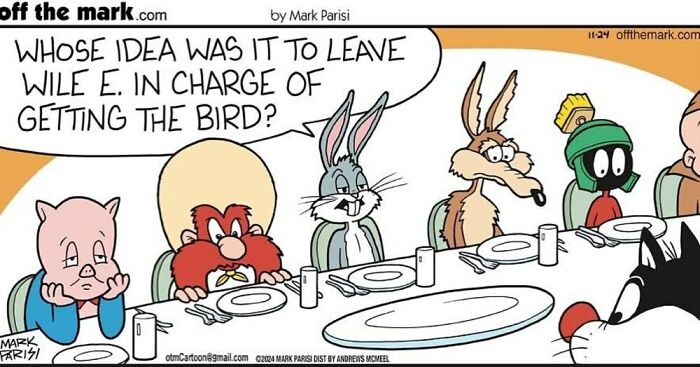 One-panel comic featuring iconic characters including Bugs Bunny and Wile E. Coyote in a humorous dining scene.