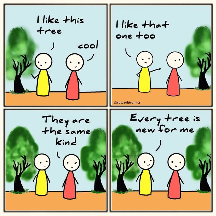 Comic strip by artist showing two characters humorously sharing their unique perspective on everyday trees.