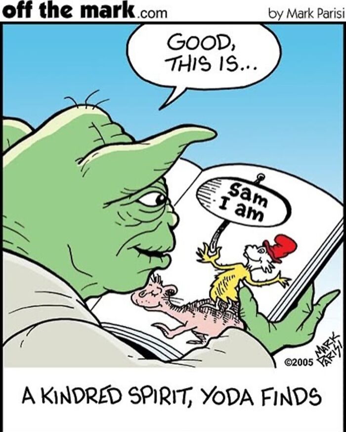 Yoda reading a book showing the Cat in the Hat saying sam I am in a clever one-panel comic by Mark Parisi.