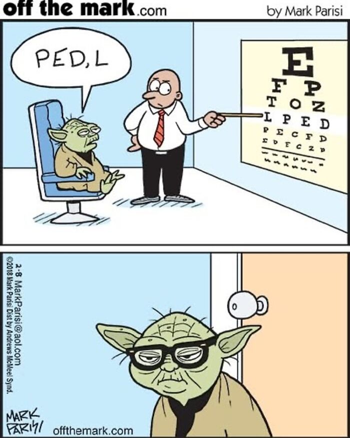 One-panel comic by Mark Parisi showing a character similar to Yoda taking an eye test with humorous results.