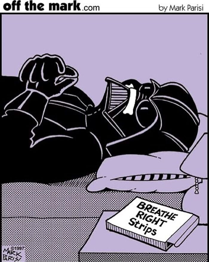 One-panel comic featuring iconic characters by Mark Parisi showing Darth Vader using Breathe Right strips while lying down.