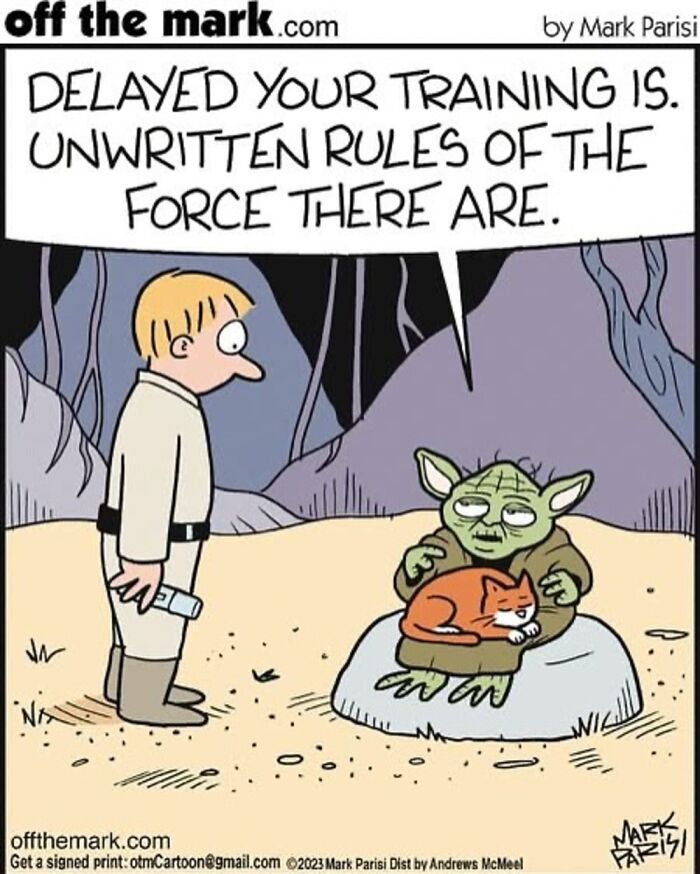 One-panel comic by Mark Parisi featuring iconic characters in a humorous Star Wars training scene with Yoda and a student.
