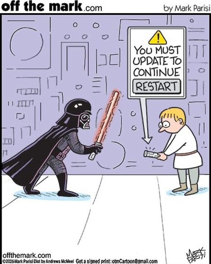 One-panel comic by Mark Parisi shows iconic characters facing an update warning sign in a humorous sci-fi scene.