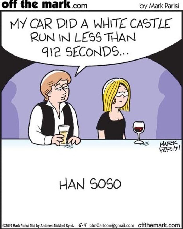 One-panel comic by Mark Parisi featuring iconic characters with a humorous White Castle reference and a pun on Han Solo.