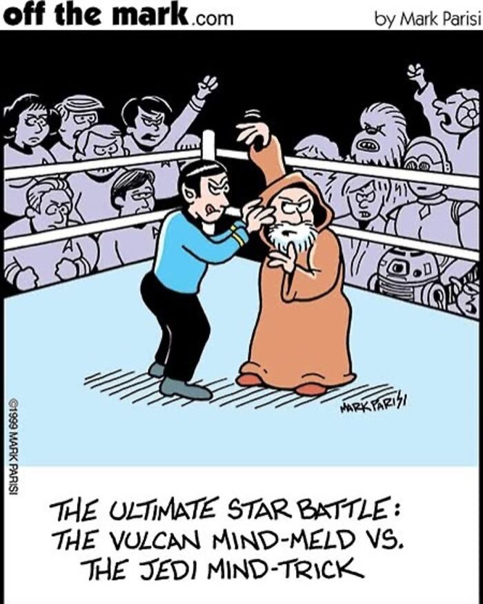 One-panel comic by Mark Parisi showing a Vulcan and a Jedi in a mental battle inside a boxing ring.