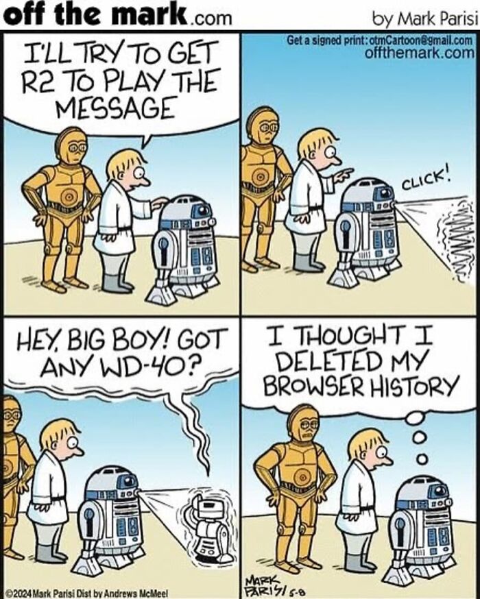 Comic strip featuring iconic characters R2-D2 and C-3PO in a clever one-panel comic by Mark Parisi.