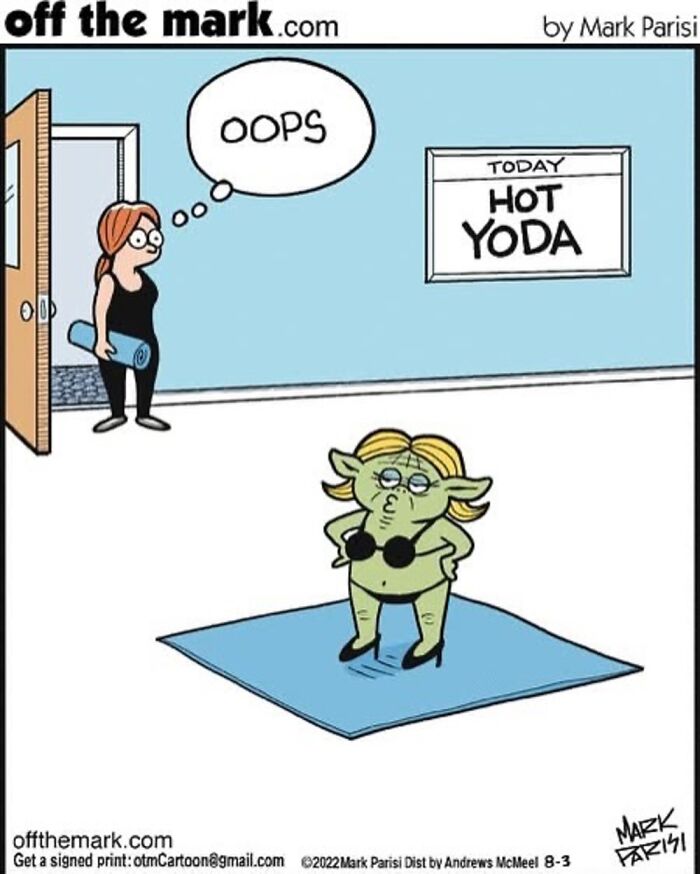 One-panel comic by Mark Parisi showing a character in a Hot Yoda costume with a surprised yoga instructor.
