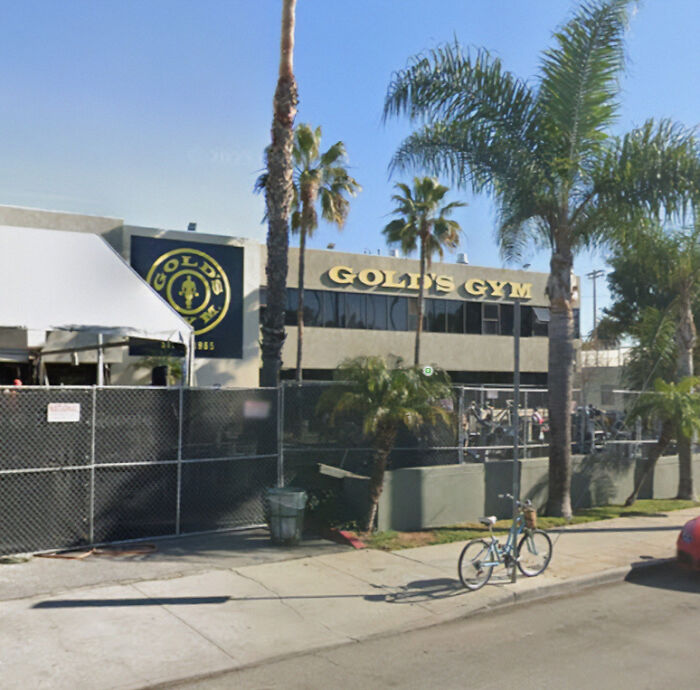 Gold's Gym exterior with palm trees, related to uproar over lesbian removed after confronting alleged trans woman.
