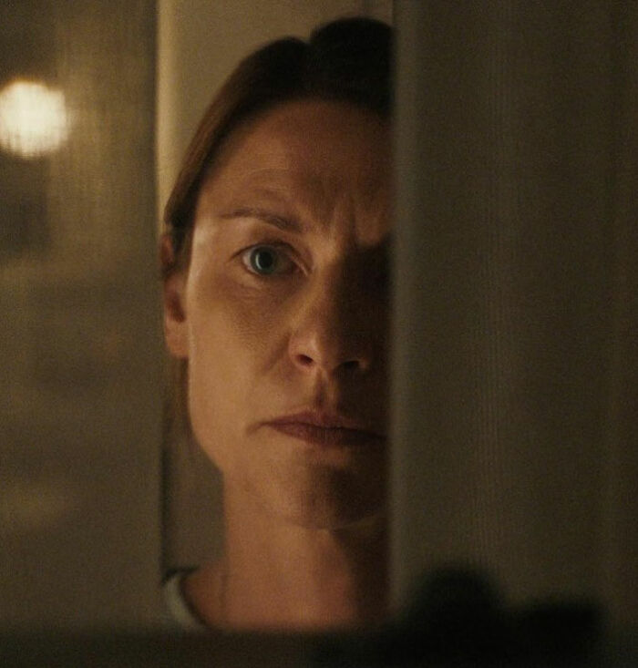 Claire Danes with a quivering chin in a dramatic scene from her new hit show, creating intense emotions.