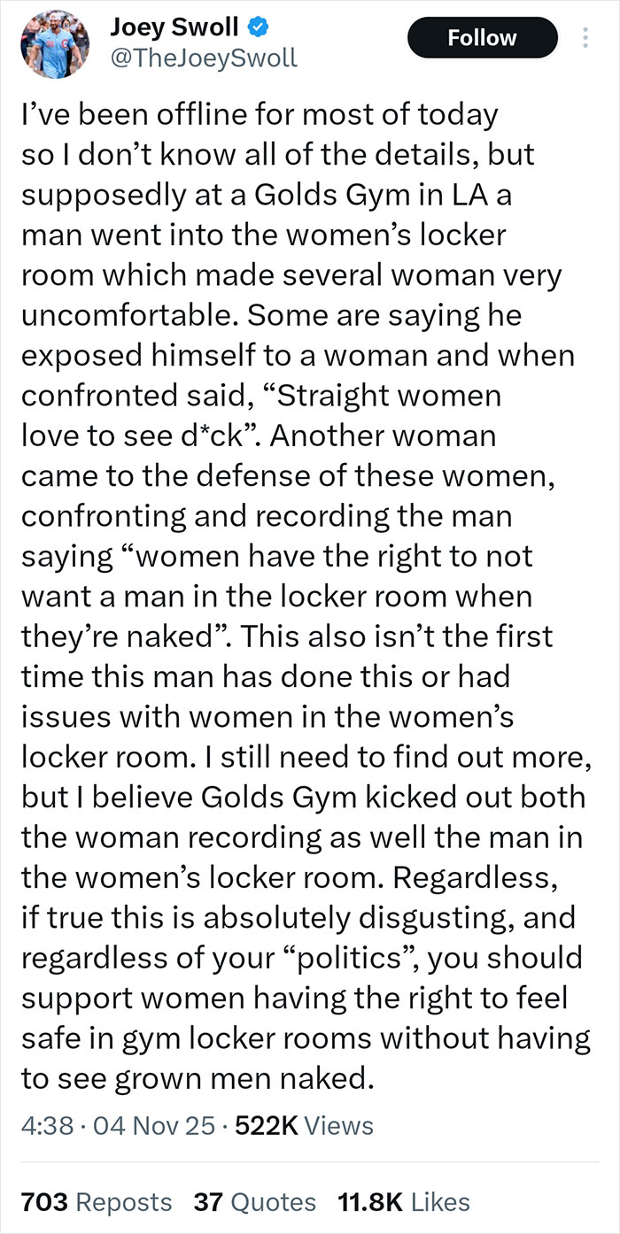 Twitter post by Joey Swoll discussing Golds Gym trans locker room controversy and opinions sparking mass fury online. Twitter post by Joey Swoll discussing Golds Gym trans locker room controversy and opinions sparking mass fury online.