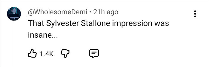 Screenshot of a social media comment praising a Sylvester Stallone impression, related to Glen Powell's viral blunder in Hollywood.